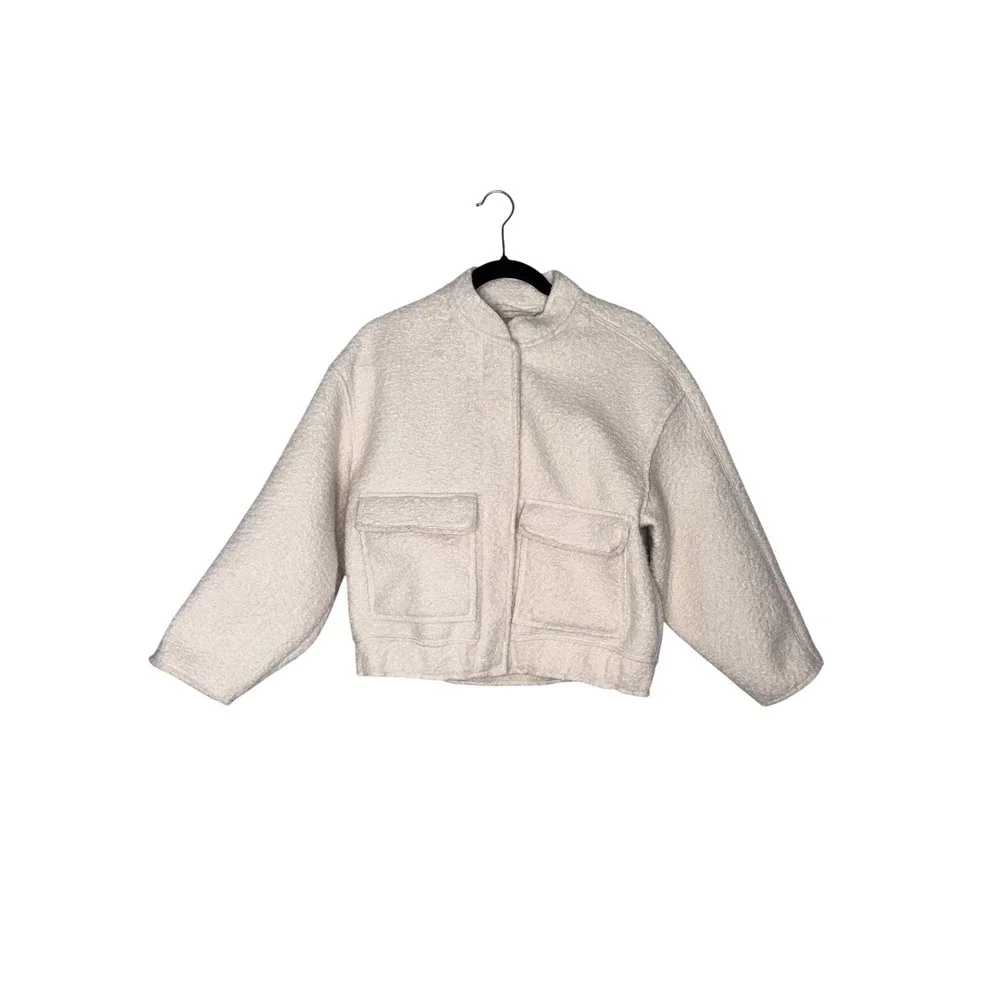 Zara Boucle Bomber Jacket Kids‎ 11-12 Cream Excellent Mock Neck Textured Coat